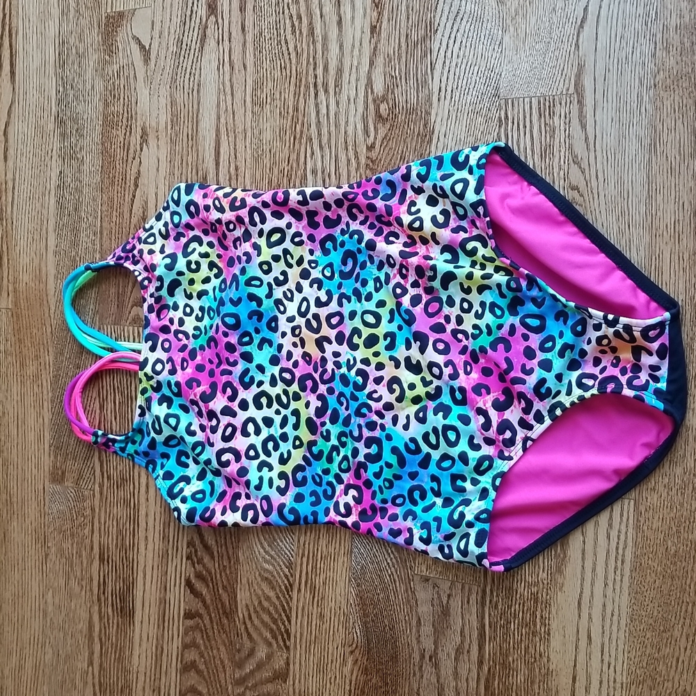 (10-12) Xhilaration Cheetah Print One Piece Swimsuit Rainbow Leopard Neon